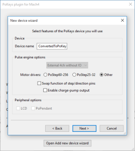 Select options for PoKeys57CNCdb25