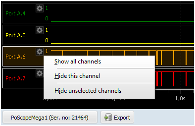 Fig. 9: Selecting and hidding channels in Logic analyzer display