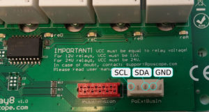 Picture 1: PoExtBusIn connector as is on PoRelay8 board with marked pins SCL, SDA and GND.