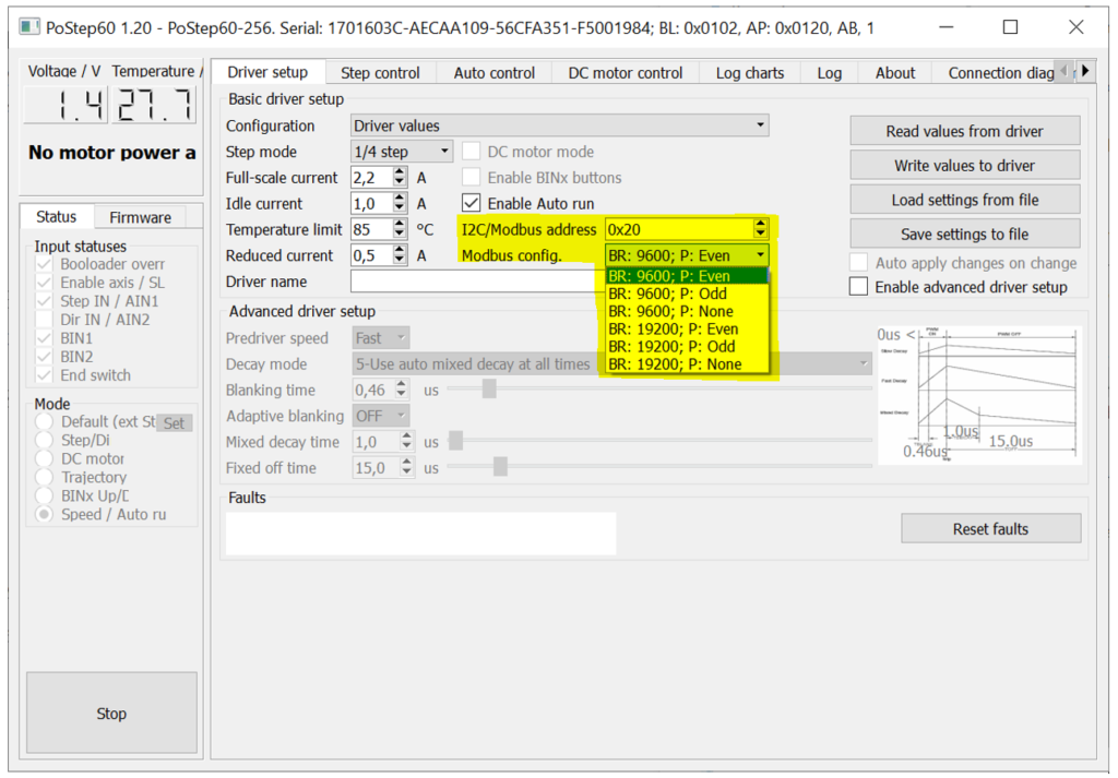 motor driver PoStep60-256: Modbus configuration