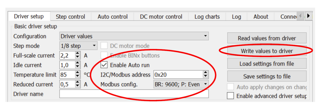 steper motor driver with modbus communication -settings