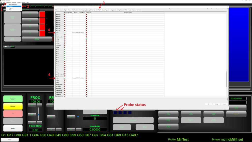 Mach4 settings for input signals for probe 0 or probe 1. There is also the probe status rectangle visible.