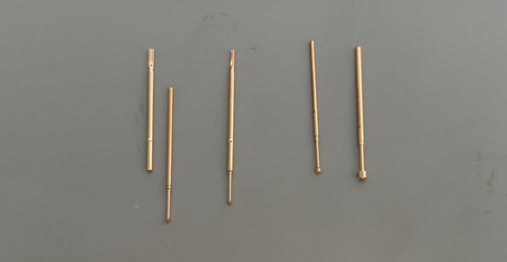 Different styles of pogo pins for connecting to the PCB under test
