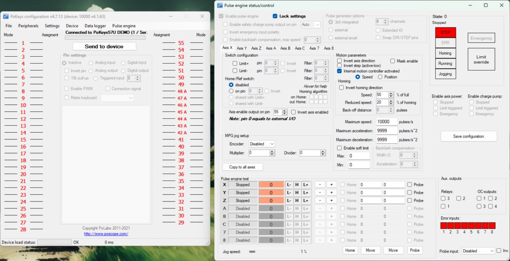 Settings in PoKeys application as well as pulse engine window